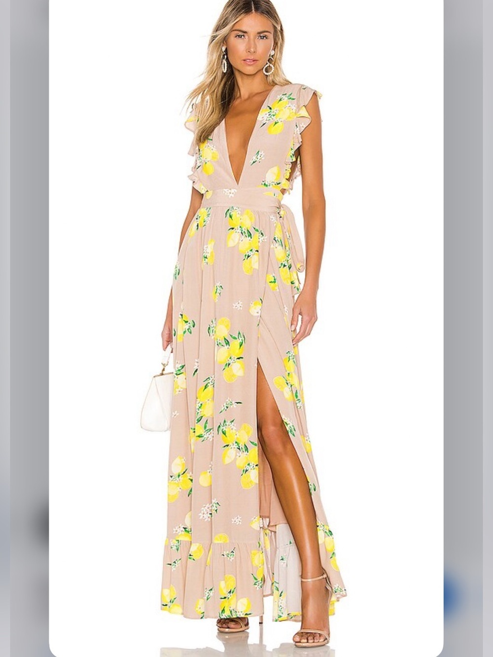 Majorelle sweet pea dress tan Lemon Print Ruffle Maxi Revolver S